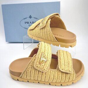 Prada Fussbett Raffia Sandals Dual Buckle Woven Slide Sandals Women Sz 36